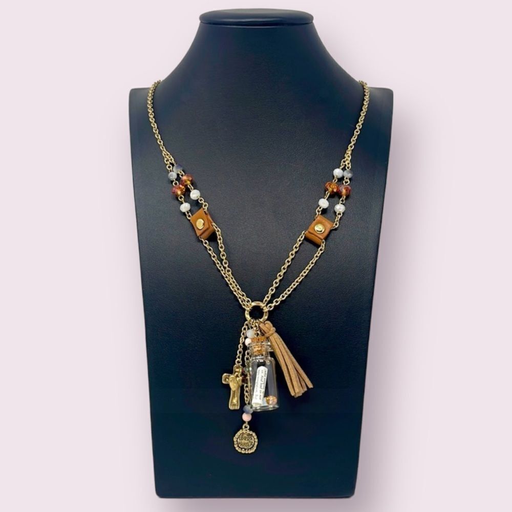 Gold Lords Prayer Beaded Cross Glass Bottle Charm Necklace